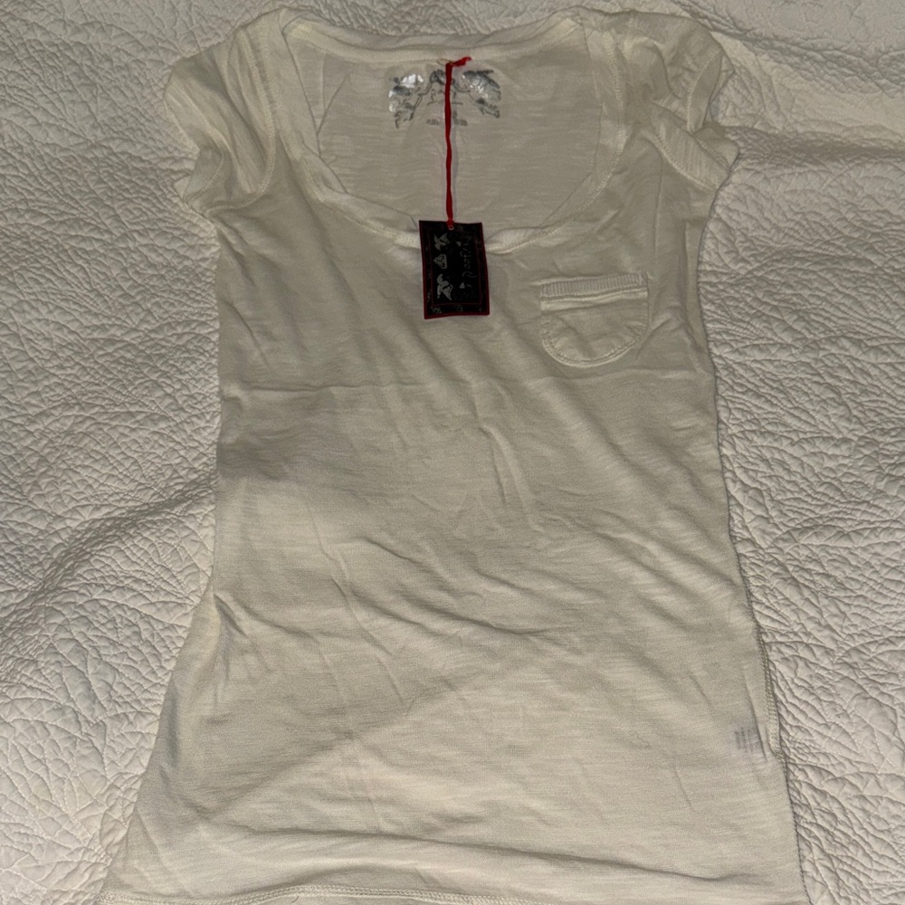 Poof! Cream Scoop Neck Short Sleeve Pocket Tee